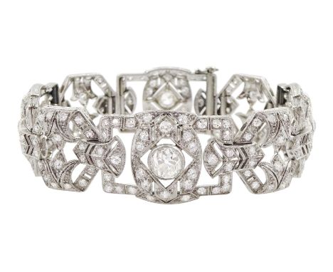 Continental Art Deco platinum milgrain set, old cut diamond openwork bracelet, circa 1920's, four rectangular shaped diamond 