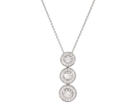 18ct white gold three row, round brilliant cut diamond halo cluster pendant necklace, stamped 750Condition Report:Approx 5.45
