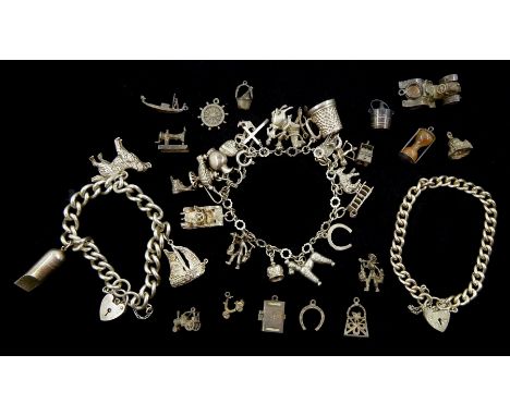 Two silver charm bracelets, charms including golden retriever, ladder, poodle, If Found Return keys, whistle and cupid, silve