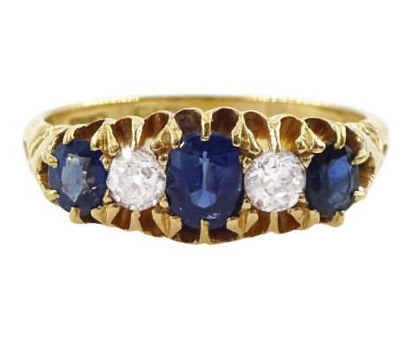 Edwardian five stone oval cut sapphire and old cut diamond ring, Birmingham 1911, total sapphire weight approx 0.80 carat, to