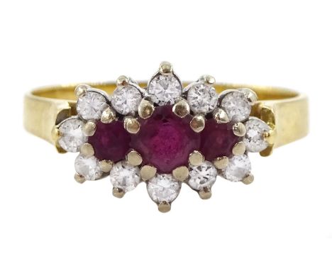 18ct gold ruby and diamond cluster ring, London 1979Condition Report:Approx 4.15gm, size Q, head = 14mmx 9mm, good condition