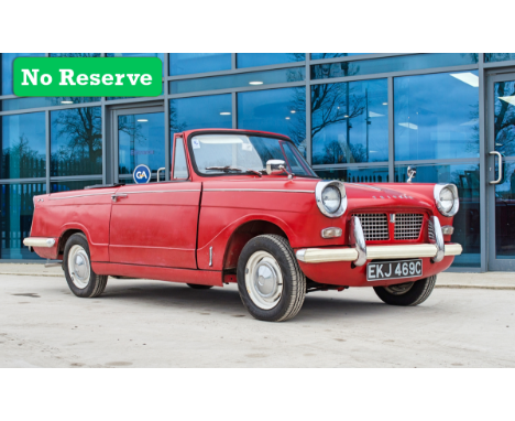 1965 Triumph Herald 1200cc 2 door convertible

Guide:&nbsp;£2000&nbsp;- £3000

Registration: EKJ 469C
Chassis: GA184741CV
Odo