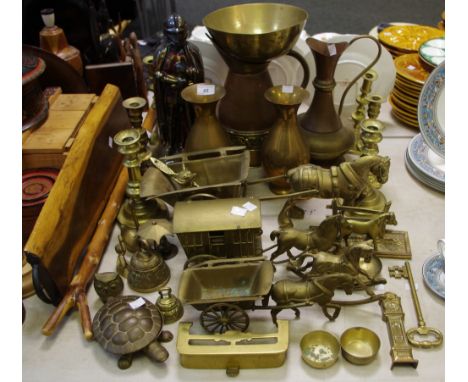 Metalware - various horse drawn carts and wagons, other equestrian related brassware; a 19th century Chinese brass bowl, stam