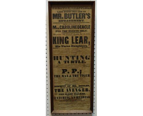 Local Theatre &amp; Advertisement Interest - a period 1838 Sheffield Theatre listing/poster ' Last night but one of Mr. Butle