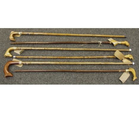 Walking sticks - three pheasant, one fox, one horse and a mouse handled English hazel first quality market sticks made in the