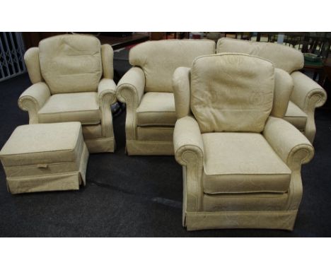 A modern four piece suite upholstered in light beige Damask fabric comprising three seat sofa two armchairs, a pouffe and a f