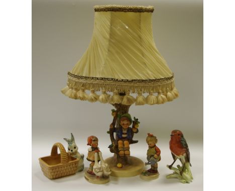 Goebel - An M J Hummel figural table lamp as a boy sat amongst the apple tree, impressed 230 with printed marks to base; Goos