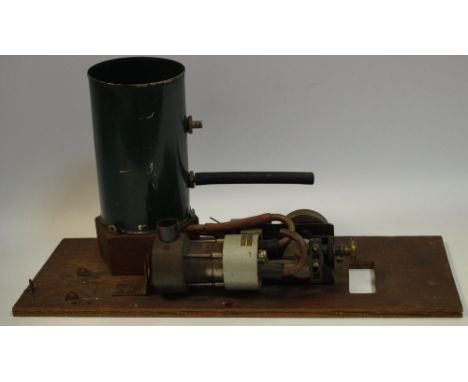 Model steam engines - static marine - a sterling engine, green cylindrical tank, plinth based