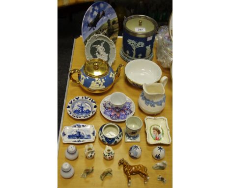 A Wedgewood jasperware cylindrical jar; a continental plaque; Wedgewood cream jug; Delftware; etc;qty