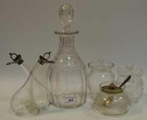 A silver mounted double oil and vinegar bottle;  a crystal decanter;  cut glass preserve pot;  etc 