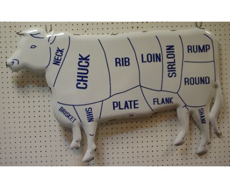An enamel butchers shop window display showing the different cuts of meat 