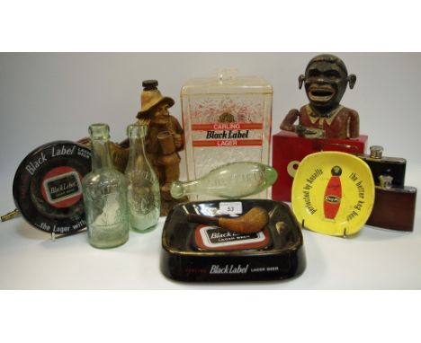 Advertisement - pub ashtrays, Carling Black Label lager ice bucket; early 20th century cast money bank; Black Forest type dec