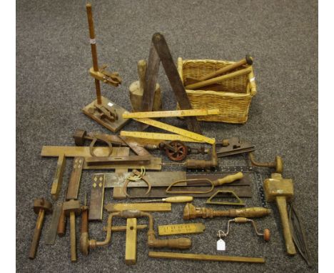 Tools - various 19th century set squares, rulers, woodworking tools; etc qty 