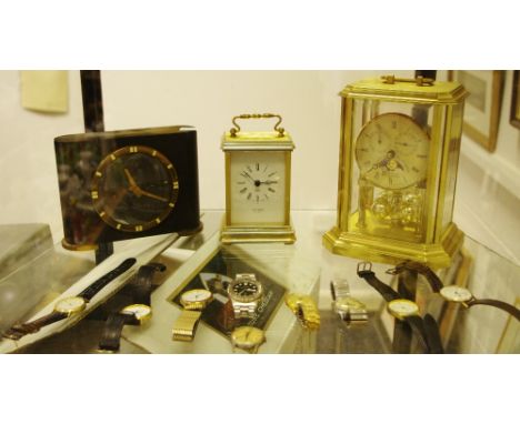 Horology - a Sewills new millennium carriage clock, Westclox mantel lock; various gentleman's watches including Roamer Calend