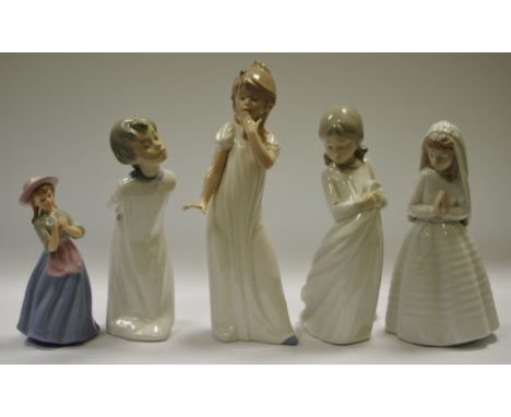 Nao figure of a bridesmaid, another in her nightie; others, glazed in neutral tones (5) 