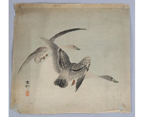 Ohara Koson, Japanese woodblock print, 2 geese, 23cm x 25cm, unframedPaper rough at the edges, slight discolouration and a fe