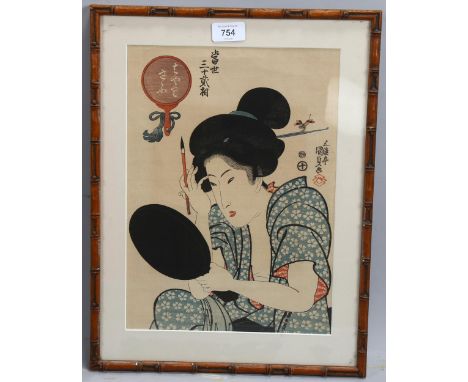 Utigawa Kunisada, Japanese woodblock print, woman applying make-up, 34cm x 25cm, framedSlight paper discolouration 