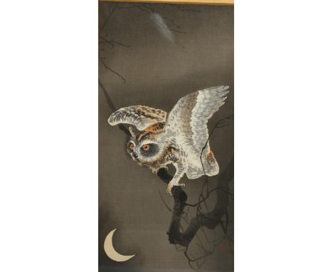 Ohara Koson, Japanese woodblock print, owl and moon, 34cm x 17cm, framedImage in good condition, mount discoloured 