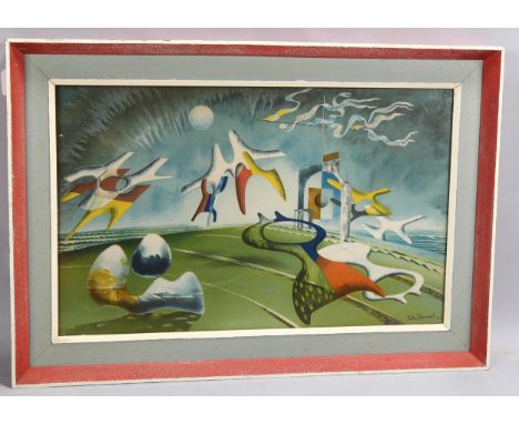 After John Tunnard, Holiday, mid-20th century colour print, in original frame, overall frame dimensions 56cm x 82cm, label ve