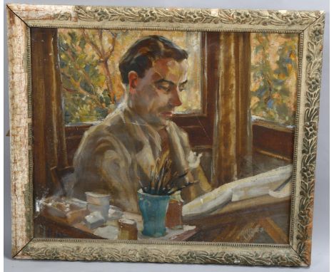 Mid-20th century portrait of an artist, oil on canvas laid on board, signed with monogram RRB 48, 50cm x 60cm, framed2 light 