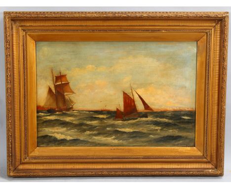 B B Hemy, shipping off the coast, oil on canvas, signed, 38cm x 56cm, framedNo canvas damage, 1 tiny patch repair not visible