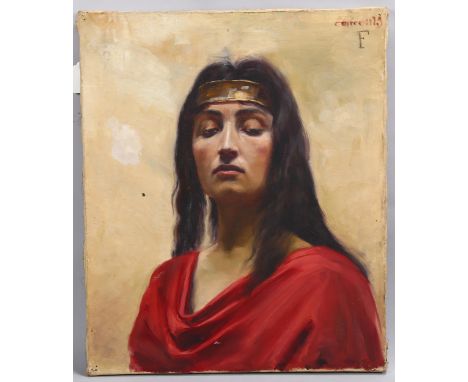 19th century French School, Classical portrait of a woman, oil on canvas, indistinctly signed, 55cm x 46cm, unframedNo canvas