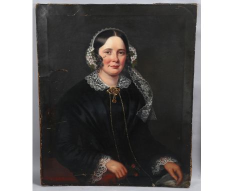 Mrs Richard Hardey, portrait of a woman, oil on canvas, inscribed verso with date 1855, 92cm x 76cm, unframed, A/FCanvas is d
