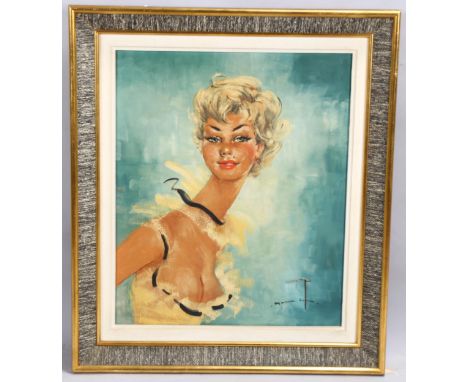 After Domargue, portrait of a Parisian girl, oil on canvas, indistinctly signed, 53cm x 43cm, framedA tear through the signat