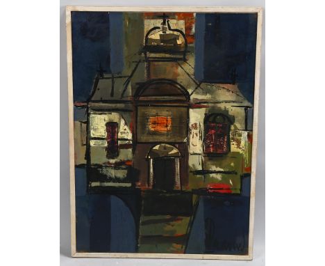 20th century Continental School, abstract architectural composition, mixed media on board, indistinctly signed with labels ve