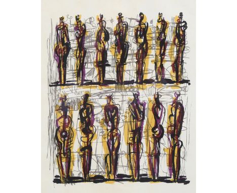 Henry Moore, 13 standing figures, lithograph circa 1950s, watermark signature, 40cm x 30cm, framedSlight paper discolouration