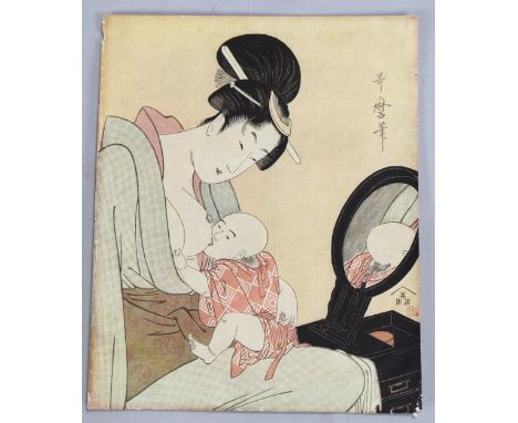 Kitagawa, Japanese woodblock print, woman nursing a baby, 26cm x 21cm, unframedSlight paper discolouration 