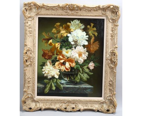 Bennett Oates (1928 - 2009), still life flowers on a marble shelf, oil on board, signed, 60cm x 50cm, framedVery good origina