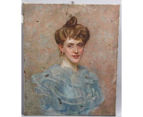 Joseph Chauleur, portrait of a young woman, oil on canvas, signed, 65cm x 54cm, unframed, A/FSeveral holes in canvas which ne