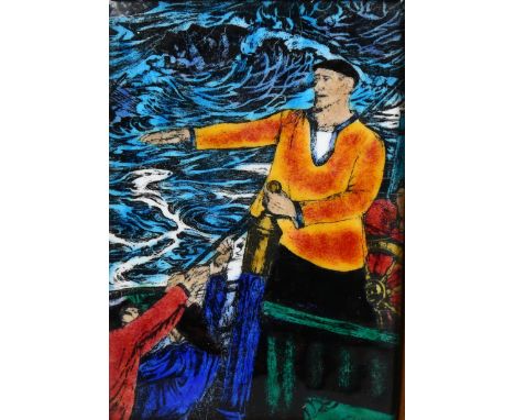 Valetin De Zubiaurre (1879 - 1963), fishermen at sea, enamel painting circa 1940s, 13cm x 9cm, framedGood condition, no chips