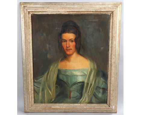 Early 20th century English School, portrait of a woman, oil on canvas, unsigned, 75cm x 62cm, framedNo canvas damage or repai
