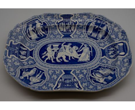 An early 19th century blue and white transfer-printed Spode Greek series oblong stand, unmarked, size 37 x 28cm. Condition: s