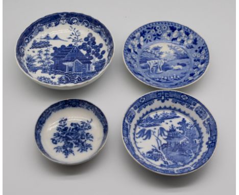 Four 19th century Spode blue and white transfer-printed small shallow dishes, size 10.5-16cm diameter. Condition: general wea