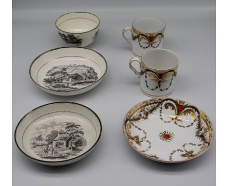 A small collection of cups, saucers, cans and bowl in 19th century English porcelain, mostly Spode. Condition: chips to some 