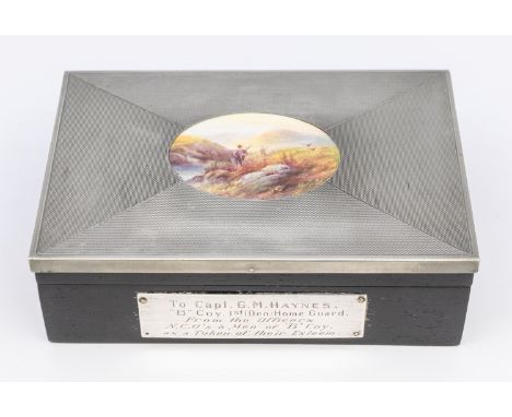 A WW2 cigarette box with Homeguard engraved plaque &amp; Royal Worcester oval by Raymond Rushton. The lid mounted with an eng