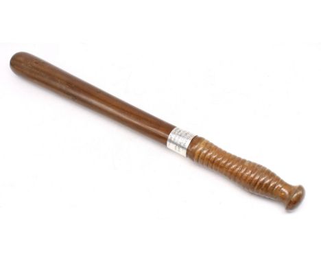 A rare 19th century Victorian special constables truncheon, fitted with a white metal collar named to ‘Lt Colonel The Earl of