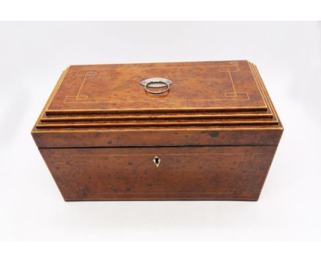Early Victorian walnut sarcophagus tea caddy with box wood inlay, green and black tea compartments to inside with central mix