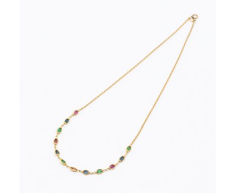 A French emerald, sapphire and ruby set 18ct gold chain, comprising twelve oval mixed cut stones optical set to the front alt