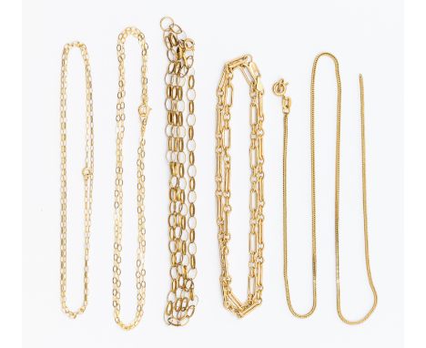 A collection of five 9ct gold chains, various styles and length s, herringbone chain a/f, combined weight approx 18.3gms   Fu