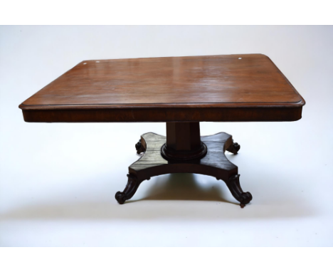 A rectangular Victorian pedestal breakfast table/tilt top on central trunk support and four splayed legs on castors.