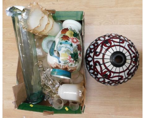 A collection of glass light shades including Tiffany style shade, vasaline vase and other glass items.&nbsp;most in good over