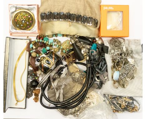 A collection of costume jewellery to include three cultured fresh water pearl necklaces (one with gold, garnet set clasp), In