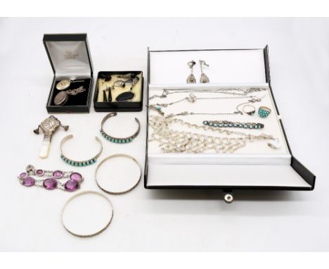 A collection of silver jewellery to include a multirow fringe style moonstone necklace,  a collection of Whitby jet jewellery