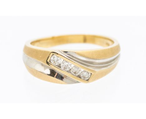 A gents two tone diamond set ring, comprising two tine band, with channel set diamonds each diamond approx 2mm, width approx 