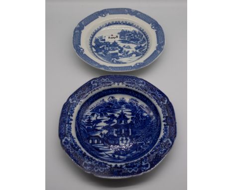 A collection of 19th century Spode blue and white transfer-printed shallow dishes, mostly printed with Chinese landscapes, si