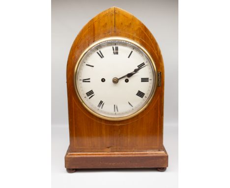 Mid to late 19th Century 8 day mahogany mantle clock with arched case, round dial, Roman numerals, box wood inlay, standing o
